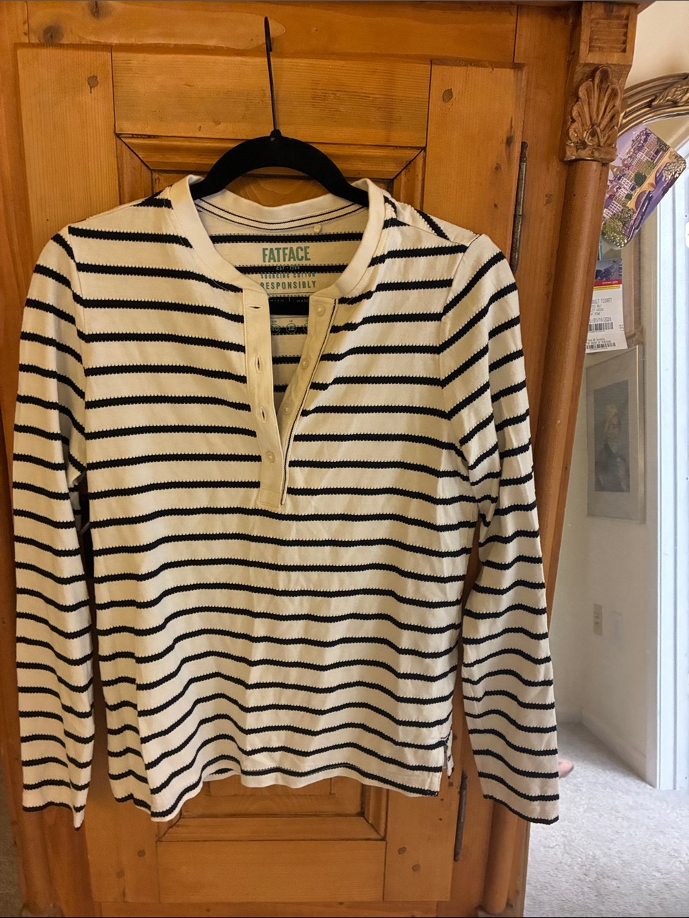 FatFace women’s Long-Sleeve Striped Henley Top - White & Navy